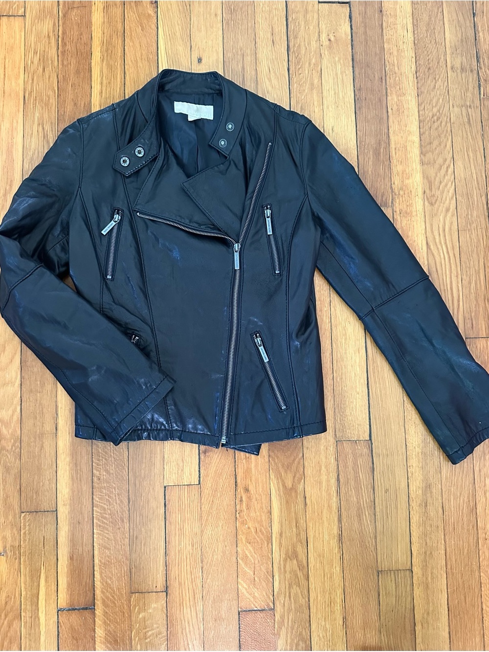 Michael Kors Black Women's Leather Moto Jacket with Zip Pockets